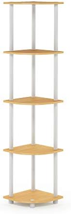 Furinno Turn-N-Tube Toolless Assembly Corner Shelf, 5-Tier Oak Corner Bookshelf, Open Storage Shelves, for Organization 