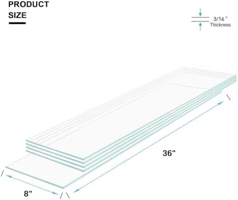 08" W x 36" L - Tempered Rectangle Glass Shelf Without Frame (5 Pieces Set) - 3/16" Thick -Pencil Polished