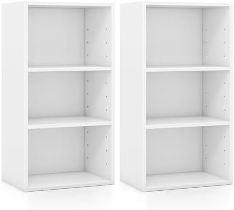 POWERSTONE 3 Tier Bookcase Set of 2, Small Open Bookshelf, Wooden Storage Book Shelf with Adjustable Panels for Living R