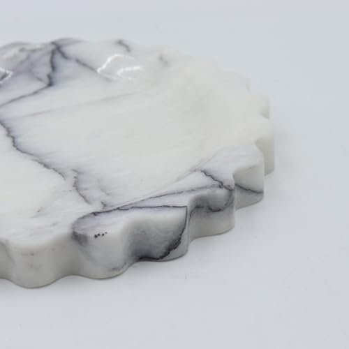 Round Marble Decorative Tray with Scalloped Edge, Luxury Natural Stone Bathroom Vanity Tray, Dresser Top Perfume Coffee 