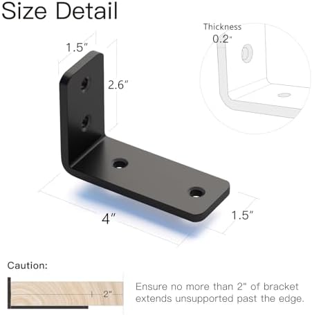 6 Pack 4 Inch Floating L Shelf Brackets for DIY, 1/5 Inch Thick, Black