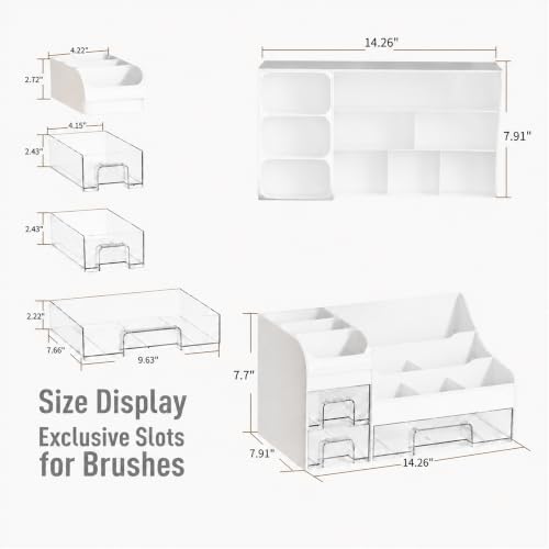 Extra Large Makeup Organizer for Vanity, 3 Drawers and Brush Holder, Countertop Cosmetic Storage for Skincare and Perfum