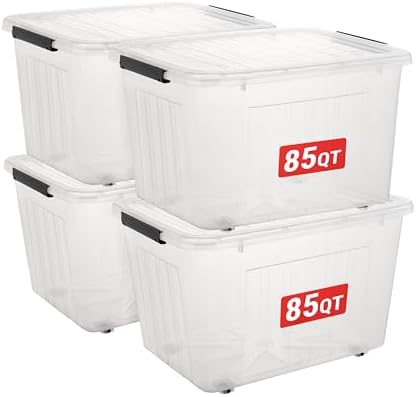 Cetomo Plastic Storage Bins, Lidded Storage Box with Wheels for Home Office Dorm, Wheeled, Stackable, Clear, 85Quart-4 P