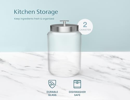 KooK Glass Storage Containers with Lids, 1 Gallon, Set of 2, Glass Canister, Laundry Jar, Kitchen Jar, Storage for Pantr