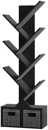 Vagusicc 6 Tier Tree Bookshelf with 2 Storage Cabinets, Tall Display Shelf Organizer for Books, Magazines, Home Decor, N