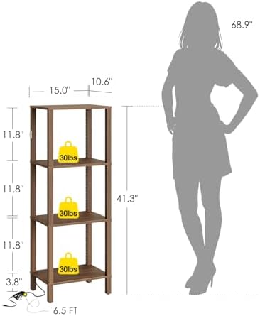 Open Book Shelf with LED Lights, 4 Tier Small Bookshelf, Freestanding Shelf Narrow Bookcase with Open Shelves, 14.96" x 