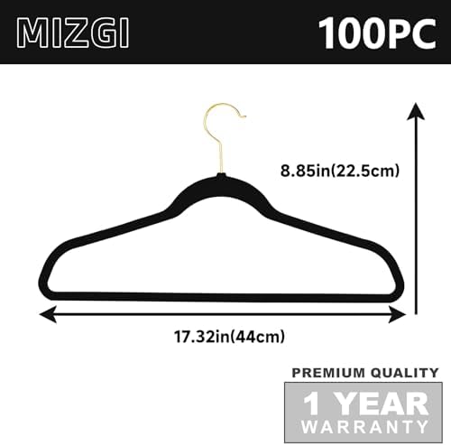 MIZGI Black Velvet Hangers 100 Pack,Premium Gold Clothes Hangers Non-Slip Felt Hangers,Sturdy Black Hangers Heavy Duty Coat Hangers,Durable Suit Hangers Space Saving, No Flocked Hanger Marks