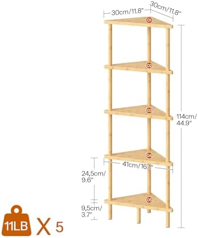HOOBRO Corner Shelf Stand, 5-Tier Bamboo Corner Bookshelf, Plant Display Shelf, Corner Bookcase, Multipurpose Shelving U