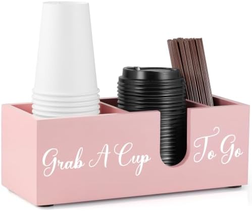 ALELION Pink Coffee Cup Organizer for Disposable Cups, Lids and Stir Sticks - 3-Compartment Countertop Cup Holder Storag