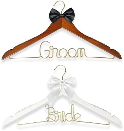 2 Pcs Bride Hanger for Wedding Dress, Bride and Groom Wooden Wedding Hangers Set, Wooden Bridal Dress Hanger with Party Shower Gift
