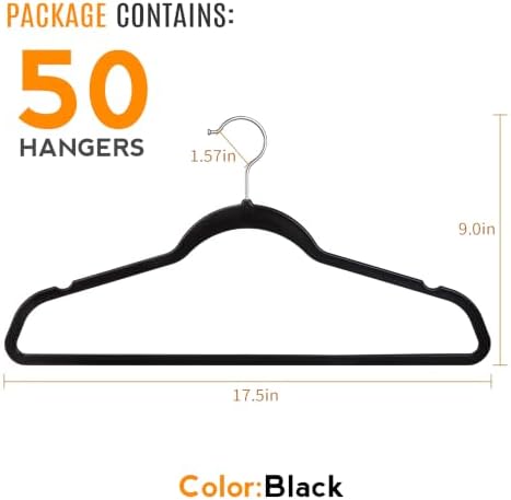 TIMMY 50 Pack Plastic Clothes Hangers, 17.7 in, Black, Non-Slip, Heavy Duty