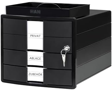 HAN Impuls 2.0 Drawer Box Lockable with 3 Closed Drawers for DIN A4/C4 Including Labelling Labels, Document Box, Base with Pull-Out Lock, Furniture-Friendly Rubber Feet, 1018-13, Black