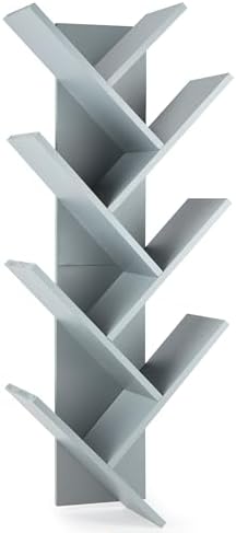 7-Tier Wall Mounted Book Organizer - Grey Pine Wood Book Tree for Bedroom