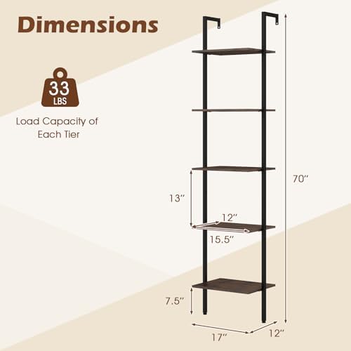 GIANTEX 5 Tier Ladder Shelf, Wall Mount Bookshelf with Anti-Tipping Kits & Metal Frame, Industrial Decorative Bookcase, 