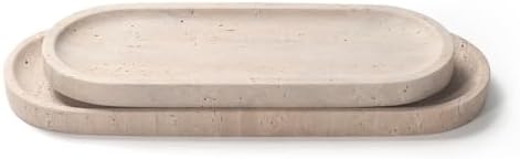 Oval Travertine Stone Tray for Jewelry, Candles, Perfume, Decorative Marble Bathroom Tray for Countertop Organizer 9.8in