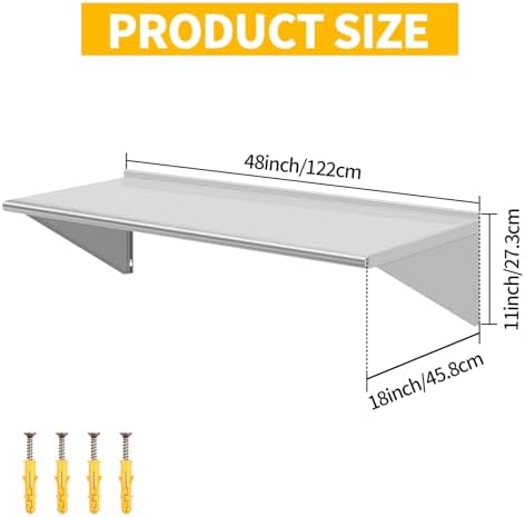 18" D x 48" W Stainless Steel Wall Mounted Shelves, Floating Shelving with Brackets, Commercial Shelf Perfect for Restau