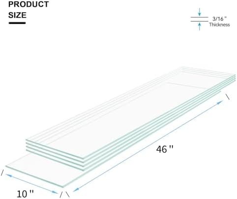 10" W x 46" L - Tempered Rectangle Glass Shelf Without Frame (5 Pieces Set) - 3/16" Thick -Pencil Polished
