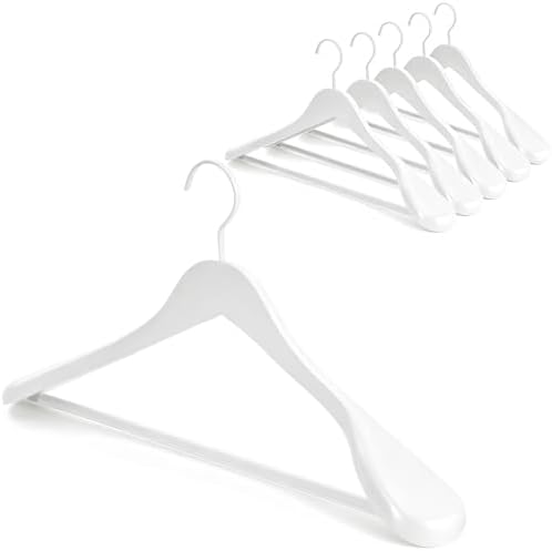 TOPIA HANGER White Wooden Coat Hanger 6 Pack, Wood Suit Hangers,Glossy Finish with Extra-Wide Shoulder, Thicker White Hooks & Anti-Slip Bar,Suitable for Coat, Suit,Dress,Jacket,Heavy Cloth - CT02W