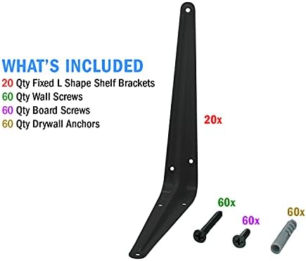 Nuk3y L Shape Heavy Duty Shelf Bracket with Screws, 20 Pack (6"" x 8"", Black)