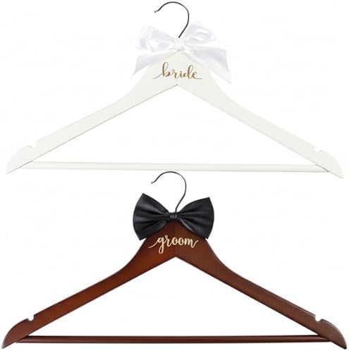 JOVGANK Bride & Groom Wooden Wedding Hangers Set with Bow Tie