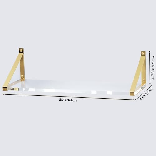 Sturdy Large 25×5.9 inch Thicker 2/5"(10mm) Crystal-Clear Acrylic Gold Shelves for Wall,Gold Floating Shelves,Clear Shel