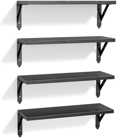 ROMGUAR CRAFT Wood Wall Floating Shelves Set of 4, 17" x 6" - Black