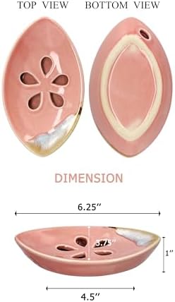 Ceramic Soap Dish with Self Draining Tray for Bar Soap, Bathroom, Kitchen (Pastel Pink)