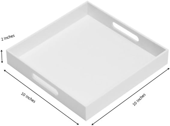 KEVLANG Glossy White Sturdy Acrylic Serving Tray with Handles-10x10Inch-Serving Coffee,Appetizer,Breakfast,Butler-Kitchen Countertop-Makeup Drawer Organizer-Vanity Table,Ottoman Tray-Decorative Tray