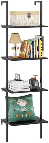 Ladder Shelf 4 Tiers Metal Industrial Bookshelf,Black Wooden Tall Open Storage Rack and Display Shelves,Wall Mount Wide 