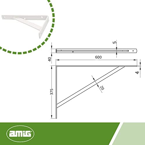 Amig - Wall Bracket | Metal Bracket for Shelves | Angle for Shelves | Shelf Support | Steel | White | Dimensions: 600 x 