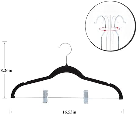 VECELO 20 Pack Black Velvet Clothes Hangers with Adjustable Clips,Heavy-Duty Non Slip & Space-Saving with 1 Magic Hangers and 2 Tie Rack for Suit Coat Pants Skirt Dresses