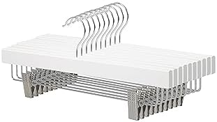 Amazon Basics Durable Wooden Pants and Skirt Hangers with Clips, Closet Organizer, White, 10-Pack