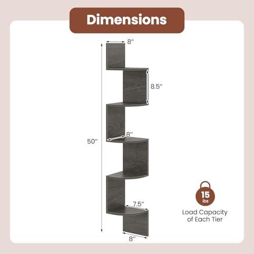 GIANTEX Corner Shelf Wall Mounted Set of 2, 5-Tier Floating Corner Bookshelf, Home Storage Organizer, Wooden Display Sta
