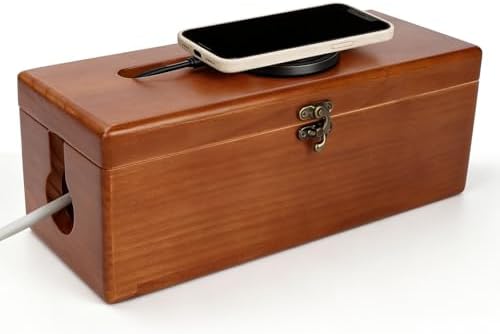 Large Cable Management Box with Clasp, Soild Wood Cord Box with 4 Open Slots, Cable Box to Hide Cords and Power Strip