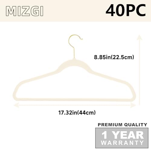 MIZGI Ivory Velvet Hangers 40 Pack,Premium Gold Clothes Hangers Non-Slip Felt Hangers,Sturdy Ivory Hangers Heavy Duty Coat Hangers,Durable Suit Hangers for Space Saving, No Flocked Hanger Marks