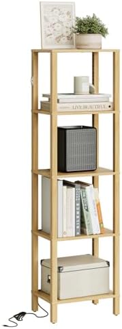 Open Book Shelf with LED Lights, 5 Tier Tall Bookshelf, Freestanding Shelf Narrow Bookcase with Open Shelves, 14.96" x 1