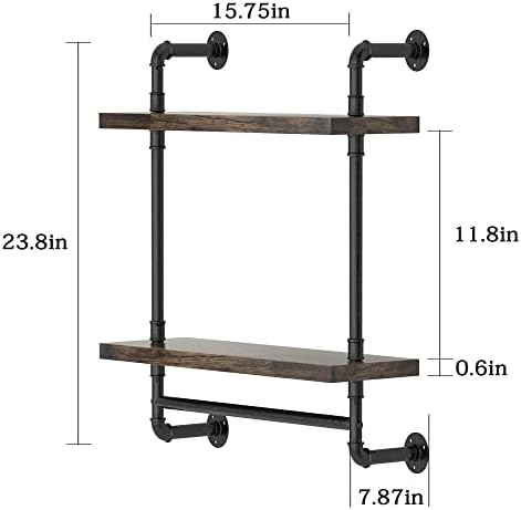 Helsin 2 Tier Industrial Pipe Floating Bathroom Shelves Wall Mounted with Towel Bar, Rustic Wood Wall Shelf, 16 Inch Metal Towel Rack Storage Bookshelf for Bathroom, Kitchen, Farmhouse, Living Room