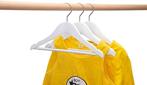 Quality 12” Kid's Wooden Hangers, 20 Pack Baby Hangers, Children's Coat Hangers with Pants Bar, Notches, Anti Rust 360 Swivel Hook for Coats, Suits, Jackets - Toddler Cloth Hanger Set (White, 20)