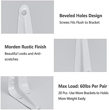 20 Pack Shelf Brackets 4 Inches White, Heavy Duty Steel Metal L Brackets for Shelves, J Brackets Wall Angel Corner Brace
