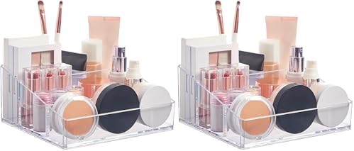 STORi Clear Plastic Small Countertop Vanity Makeup Organizer, Compact Rectangular 4-Compartment Holder for Brushes, Eyes