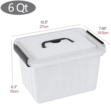 Sandmovie 6 Packs 6 Quart Clear Plastic Storage Bins with Lids, Plastic Organizer Boxes with Handles & Latches, Transpar