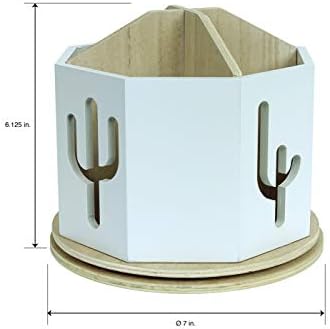 Spinning Desktop Stationary Organizer – Decorative Wooden Rotating Pen and Pencil Cup – Desk and Table Top Office Supplies Station - by Designstyles (White with Cactus Cutout)