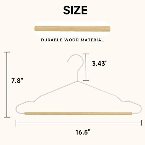 Wire Metal Hangers with Smooth Beech Wood Pants Bar, White, 24-Pack