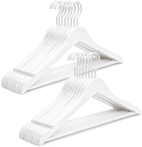 TOPIA HANGER All White Wooden Hangers, Solid Wood Suit Hangers with Extra Thick Hook and Non Slip Pants Bar, Heavy Duty Coat Hangers with Notches, Bridal Hangers for Shirts 16 Pack -CT01W