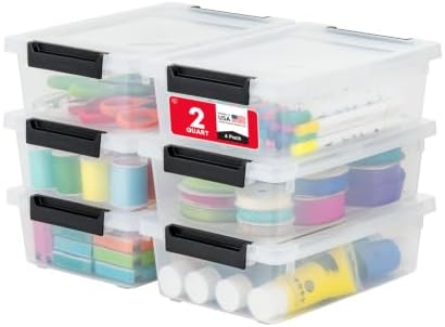 IRIS USA Storage Bins with Lids |Made in USA| 2 Qt - (6-Pack) - Clear/Black