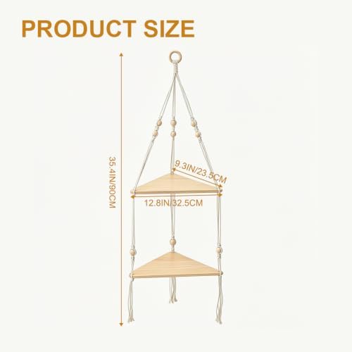 2 Tier Corner Shelf Macrame Wall Hanging, Boho Rustic Wood Storage Holder