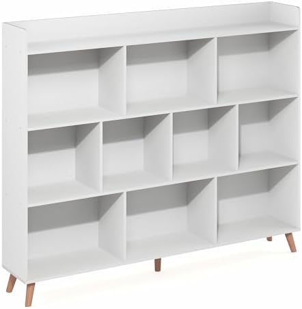 Furinno Claude Book Shelf, 10-Cube Mid Century Style Bookshelf, Bookcase, Storage Organizer with Wood Legs, 9.4" x 55.1"