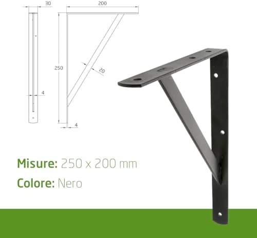 Amig, Pack of 4 Shelf Brackets Color Black, Bracket for Shelves 250 x 200 mm, Heavy-Duty Steel: up to 330 kg