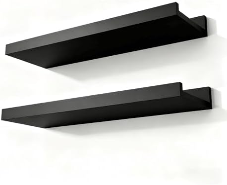 Black Floating Shelves for Wall Decor, 14 in Shelf with Lip Set of 2