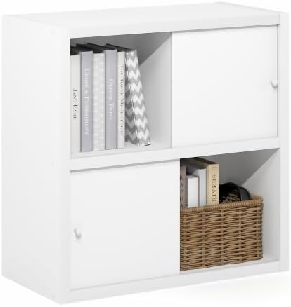 Furinno Cubicle Book Shelf with Sliding Doors, 4-Cube Bookshelf, Extra Thick Frame Bookcase with Open & Closed Storage, 
